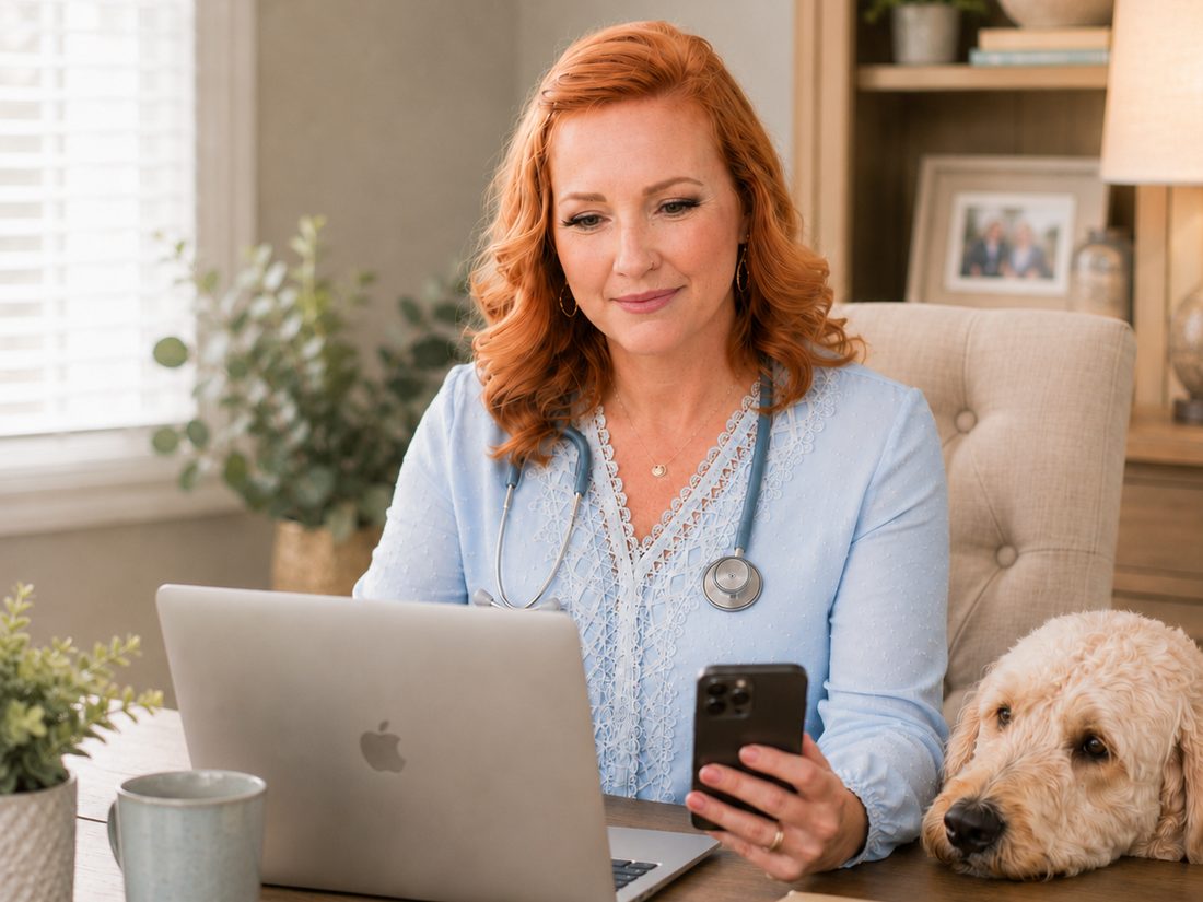 Dr. Gibson at her desk with a laptop and phone, her goldendoodle resting beside her.