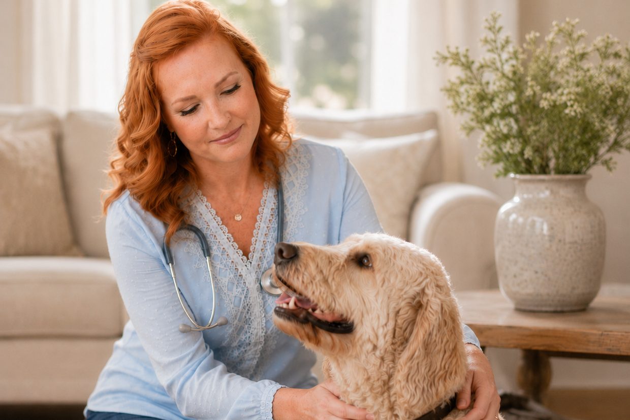 Dr. Gibson kneeling on a living-room floor with a golden retriever, one hand resting on the dog's shoulder.