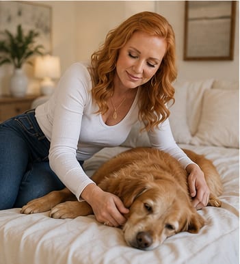 Dr. Gibson kneeling beside a golden retriever resting peacefully on a bed at home