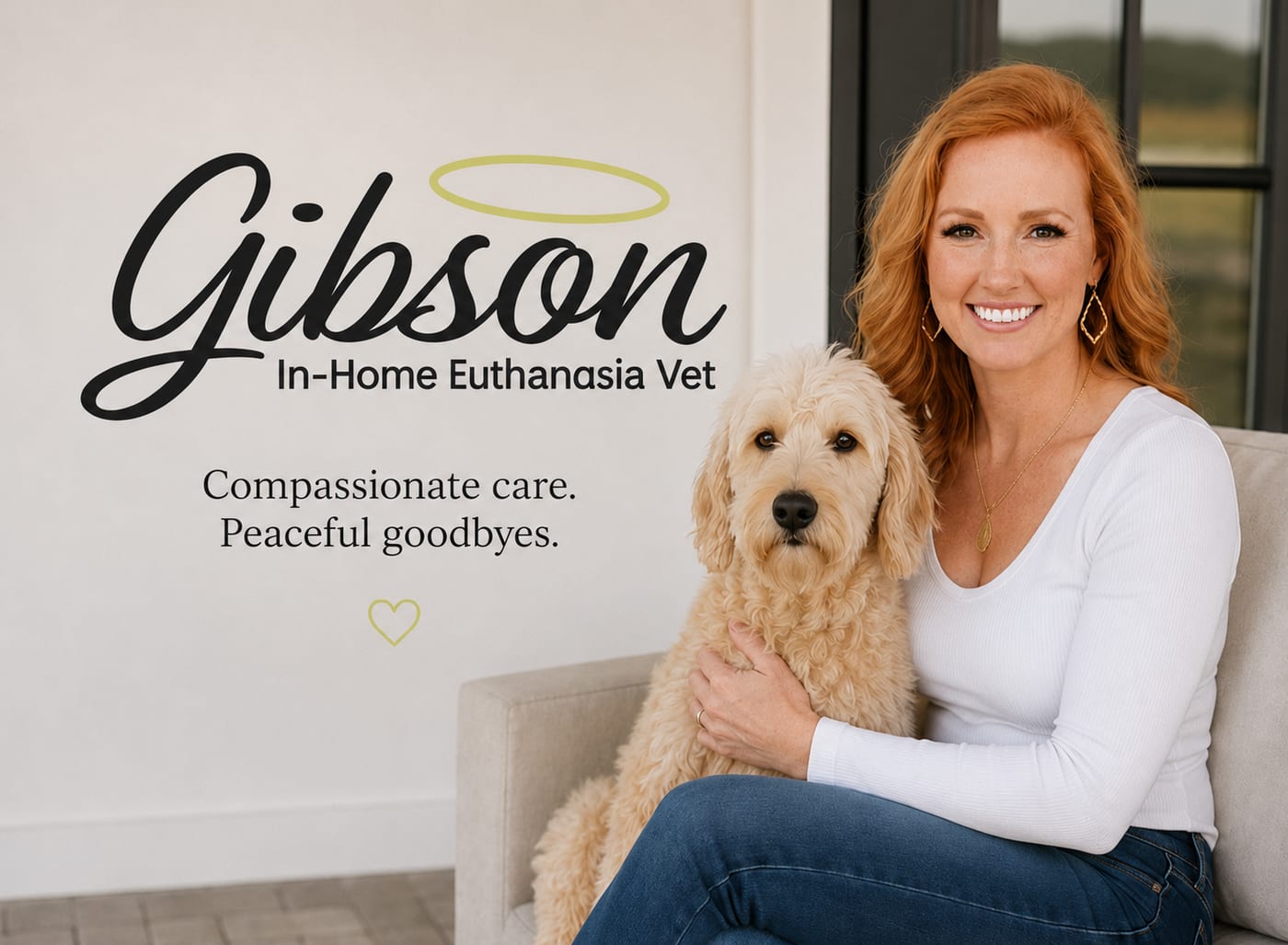 Dr. Gibson holding a goldendoodle beside the Gibson In-Home Euthanasia Vet logo, with the words: Compassionate care. Peaceful goodbyes.