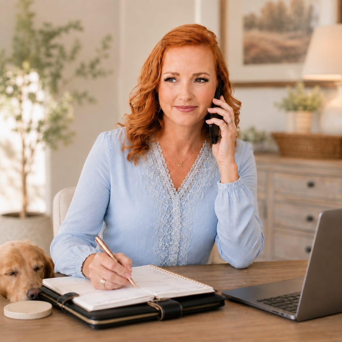 Dr. Gibson taking a call at her desk while a dog rests nearby